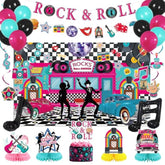 1950s Rock and Roll Party Decorations with Banner, Backdrop, Centerpieces, and Balloons