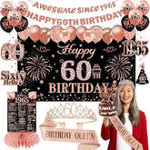 60Th Birthday Decorations For Women Black Rose Gold, 60Th Birthday Crown And Sash Awesome Since 1965 Banner Backdrop Balloons Cake Topper Table Sign Hanging Swirls Vintage 1965 Gifts 21Pcs
