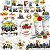145Pcs Party Decorations, With 1 Banner 40 Thickened Plates 6 Centerpieces And 2 Tablecloths, 20-Pack Disposable Paper Tableware For Birthday Party