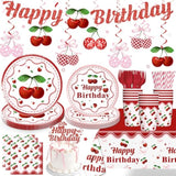 Cherry Birthday Decorations Tableware Set, 20 Serves Disposable Plates And Napkins Set, With Cake Topper, Banner, Tablecloth, For Cherry Party Decorations