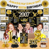 2007 18Th Birthday Decorations For Boys Girls, Black Gold Happy 18 Year Old Birthday Banner Backdrop Wall Sign Balloons Sash Table Cake Topper Honeycomb Centerpieces Paper Fans Party Supplies