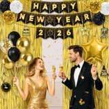 Black Gold New Year 2026 Party Decorations with Banner, Balloons & Backdrop