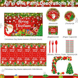 Christmas Party Decorations 345 Pcs Santa Tableware Paper Plates Napkins Serve 24 Merry Christmas Backdrop Tablecloth Balloons Arch Friendsmas Holiday Xmas Party Supplies