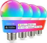Matter Smart A19 LED Light Bulb 4 Pack RGB WiFi 60W Equivalent 800LM Alexa Apple Home Google SmartThings