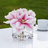 Enova Floral Artificial Real Touch Magnolia Faux Flowers Arrangement in Cube Glass Vase with Faux Water for Home Office Wedding (Pink)