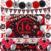 16Th Birthday Decorations For Boys Girls Red And Black, Happy 16Th Birthday Backdrop Banner, 16 Birthday Party Decorations Balloons Triangle Flag Tablecloth, 16 Year Old Boy Girl Bday Party Supplies