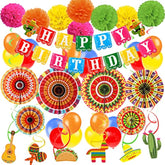 Fiesta Mexican Themed Happy Birthday Banner Paper Pompoms Mexico Fans Fiesta Decorations Balloons Party Decorations