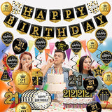 21St Birthday Decorations For Him - Black Gold Party Pack (76Pc), Includes Banner, Pennant, Swirls, Balloons, Tablecloths, Cupcake Toppers, Crown, Plates, Photo Props, Sash