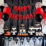 Halloween Happy Birthday Banner, Bloody Bat Vampire Red And Black Birthday Decorations, Glitter Foil Fringe Curtains Backdrop Balloons Horror Movie Themed Party Decoration Supplies