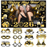 25pcs 2026 New Year Photo Booth Props Black Gold Party Favors