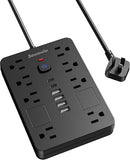 Surge Protector Power Strip 8 Outlets 6 USB Ports 2 USB C 6FT Flat Plug Extension Cord 1800J Black
