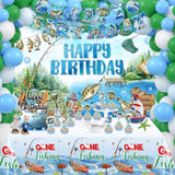 Fishing Birthday Party Decorations, Gone Fishing Party Decorations, Includes Gone Fishing Backdrop, Fishing Party Tablecloth, Happy Birthday Banner, Balloon, Cupcake Toppers, Cake Topper