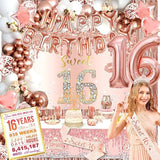 Rose Gold Sweet 16 Decor Set with Sash, Backdrop, Balloons & Cake Topper