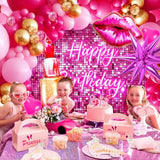 Hot Pink Birthday Party Decorations For Girls Women Pink Balloon Garland Arch Kit With Sequin Backdrop Tablecloth Lipstick Lip Heart Starburst Foil Balloons Princess Birthday Party Decorations