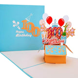 100Th Birthday 3D Pop-Up Card – Blue Party Box Celebration With Balloons, Cake, Champagne & Gifts – Milestone Keepsake For Grandparents, Parents, Friends, Or Loved Ones – 6" X 6"