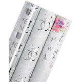Wedding Wrapping Paper Roll - Mini Roll - 3 Rolls - 17 Inch X 120 Inch Per Roll - Silver Foil Diamond Ring And Floral Design For Celebration, Party, Holiday
