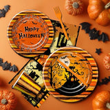 Halloween Party Tableware Set Plates Napkins Cups Tablecloth Disposable Cutlery Straws Serves 24