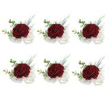 Set Of 6 Burgundy Wedding Wrist Flower Wine Red Floral Wrist Corsage Bridal Rose Leaf Hand Flowers For Bride And Bridesmaid Festival Prom Engagement