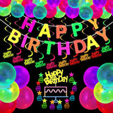 Glow Neon Party Supplies Set Glow In The Dark Happy Birthday Banner With Uv Black Light Reactive Cake Topper Swirls Neon Fluorescent Latex Balloons Stars For Birthday Party