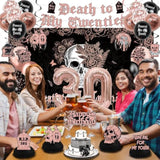 Rose Gold Black Death to My 20s Decor Backdrop Banner Swirls Sash Cake Topper Balloons