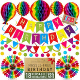 Premium Reusable Happy Birthday Decorations - Colorful Rainbow Birthday Decorations For Kids, Women, And Men - Multi-Occasion Banner, Pennant Banner, Paper Fans - Party Decor By