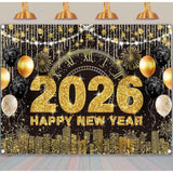 2026 New Year Black Gold Backdrop 7x5 ft for Party and Photo Booth Decor