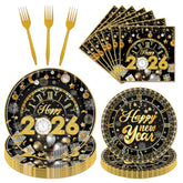 Happy New Years Eve Decorations 2026, 96Pcs New Years Eve Disposable Paper Plates And Napkins Party Supplies 2026, Nye Forks Decor 2026