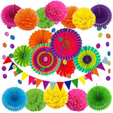 Party Decoration, 21 Pcs Multi-Color Hanging Paper Fans, Pom Poms Flowers, Garlands String Polka Dot And Triangle Bunting Flags For Birthday Parties, Wedding Décor, Fiesta Or Mexican Party