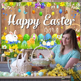 Happy Easter Backdrops Photography Banner Decorations Bunny Grassland Rustic Wood Background Eggs Banner For Jesus Easter Spring Party Decorations, 70.8 X 43.3 Inch