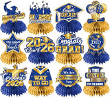 Graduation Table Decorations,12pcs Blue and Gold Graduation Decorations Class Of 2026 Honeycomb Centerpieces Congrats Graduation Centerpieces for Tables,Blue Graduation Table Centerpieces