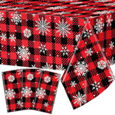 3Pcs Red And Black Buffalo Plaid Merry Christmas Party Tablecloth Decorations Supplies, Plastic White Snowflake Buffalo Plaid Sign Table Cover For Christmas Winter Holiday Indoor Outdoor Party
