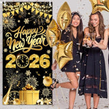 Black Gold New Year 2026 Door Cover Large NYE Front Door Banner Backdrop
