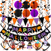 Happy Halloween Banner with Triangle Flags Confetti Garland Honeycomb Balls Streamers Party Decor