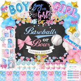Baseball Or Bows Gender Reveal Decorations, 171 Pcs Boy Or Girl Gender Reveal Decorations Backdrop Balloon Garland Banner Tablecloth Cake Cupcake Topper Box Cutout Poster Sash Pink Blue