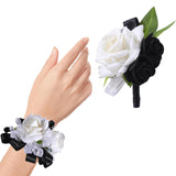 Corsage And Boutonniere Set Rose Adjustable Wrist Corsage For Women Wedding Boutonniere For Men Homecoming For Prom Bridesmaids Groomsmen Anniversary Parties 2Pcs (Black And White)