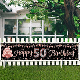 Rose Gold Happy 50th Birthday Banner & Glitter Backdrop for Women