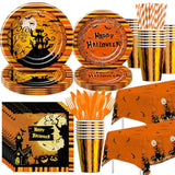 Halloween Party Tableware Set Plates Napkins Cups Tablecloth Disposable Cutlery Straws Serves 24