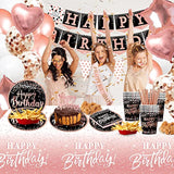 Birthday Decorations For Women Rose Gold - (Total 170Pcs) Happy Birthday Supplies For Women, Balloons,Tablecloth,Foil Backdrops,Plates,Cups,Photo Props,Sash,Tableware For 24 Guests