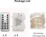 4 Pack 33FT 100 LED Cool White Fairy String Lights Battery Operated with Remote Control Timer Waterproof Silver Copper Wire Twinkle Lights for Christmas Party Wedding Home Decor