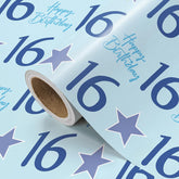 Boy 16Th Birthday Wrapping Paper - Mini Roll - 17 Inch X 16.5 Feet - Teen Boy Blue Stars With 16 Happy Birthday Design Perfect For Party, Holiday