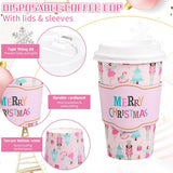 50Pcs Merry Christmas Disposable Coffee Cups With Lids And Sleeves Pastel Pink Nutcracker Paper Drinking Cup For Xmas Birthday Party Supplies