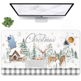 Merry Christmas Deer Golden Snowflakes Large Gaming Mouse Pad Pine Tree House Non-Slip Keyboard Desk Pad Keyboard Mouse Mat For Gamer,Office & Home,31.5 X 15.7 In