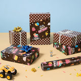 Monster Truck Wrapping Paper Roll - 1 Roll 17” X 33 Ft Brown Happy Birthday Wrapping Paper For Boys Kids Reversible Monster Trucks Gift Wrap For Racing Car Party Decorations Supplies