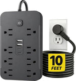 10FT Surge Protector Power Strip 8 Outlets 4 USB Ports 2 USB C Flat Plug Black