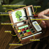 Travel Mini Watercolor Paint Set For Adult Artists, Pocket Portable Wooden Watercolors Painting Kit Contains Drawing Pen Paper Sponge Wash Bucket