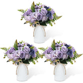 Dining Table Centerpiece Sets 3 Artificial Rose Bouquet With Vase - Farmhouse 6 Pcs Silk Flowers And 3 Pcs Metal Pot Small Faux Floral Arrangements For Wedding Party Home Kitchen Bathroom Décor, Lilac