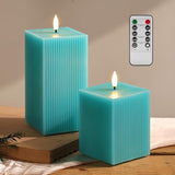 Turquoise Blue Flameless Candles With Remote, Square Ribbed Led Candles Battery Powered, Flickering Real Wax Set Of 2