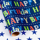 Happy Birthday Wrapping Paper Roll - 17 Inch X 16.5 Feet - Metallic Navy Blue Star Birthday Gift Wrapping Paper For Men, Boy, Baby Shower, Holiday