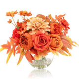 Artificial Flowers In Vase, Silk Rose Peony Dahlia Flower Bouquet Table Centerpieces With Faux Water For Winter Home Decor Fake Flowers Arrangement For Wedding Birthday Party Decor (Orange & Earth)