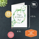 St. Patrick’S Day Greeting Card With Watercolor Shamrock Wreath – Premium Cards With Envelopes – Made In Usa By Family-Owned Business (25 Count) (Clover Wreath)